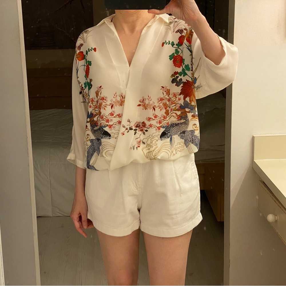 Zara Cream Ivory Kimono Flowy Cross-Over Blouse Koi Fish Pattern Asian Size XS